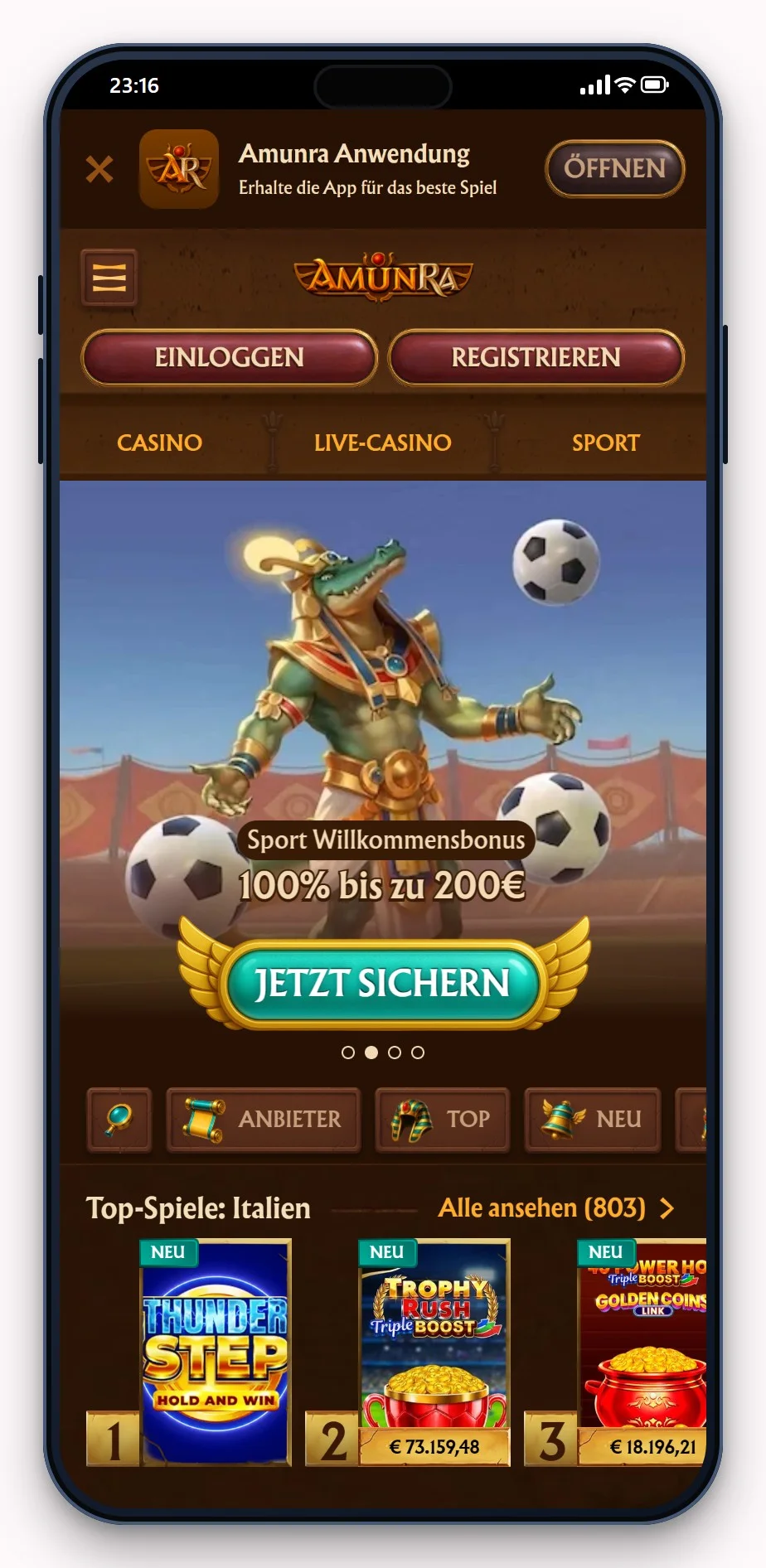 Neosurf Casino: AmunRa mobile Version, Lobby