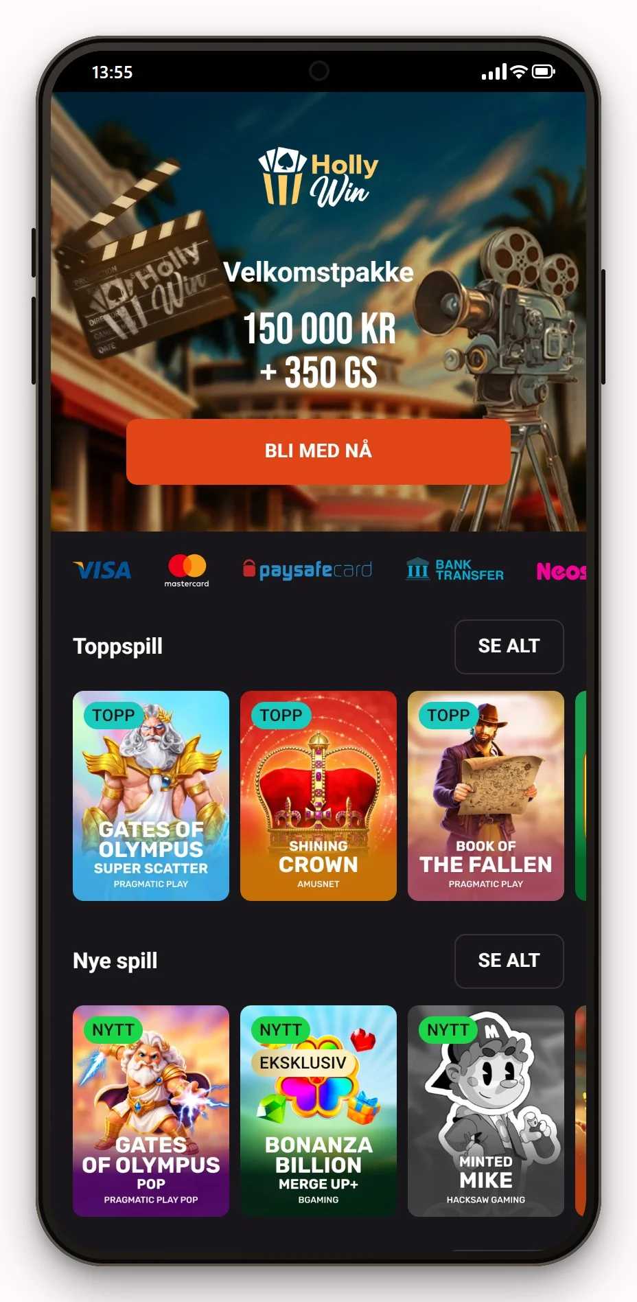Neosurf casino: Hollywin mobilversjon, lobbyen