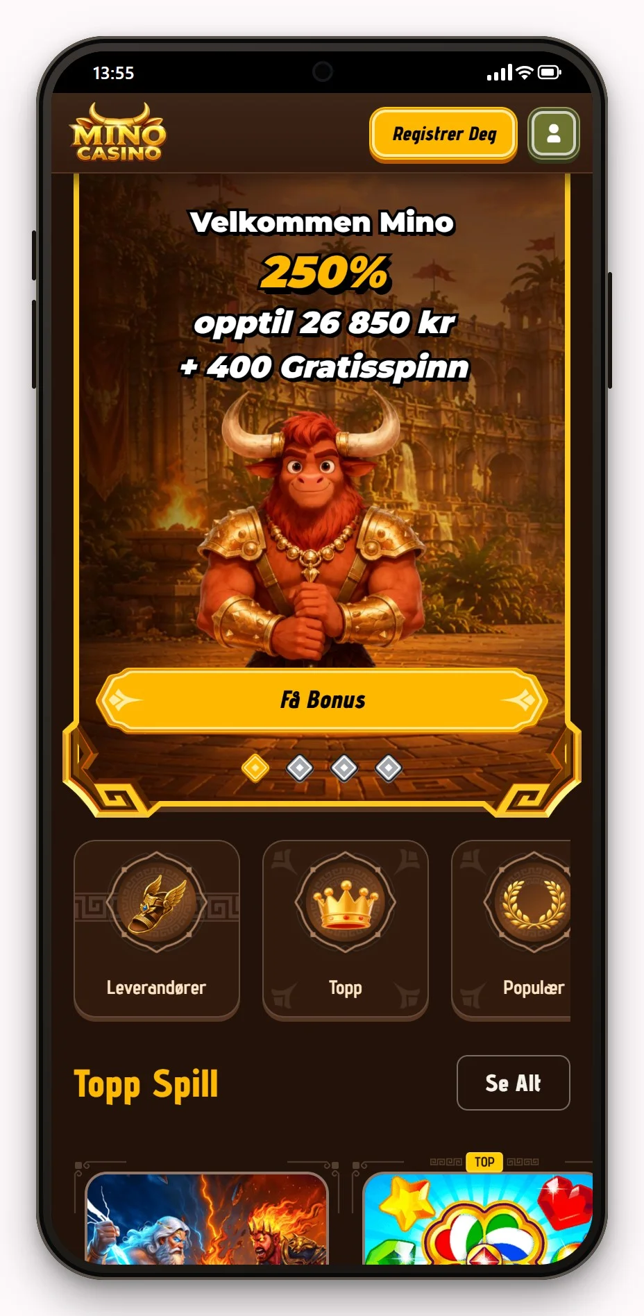 casino Neosurf: Mino Casino mobilversjon, lobbyen