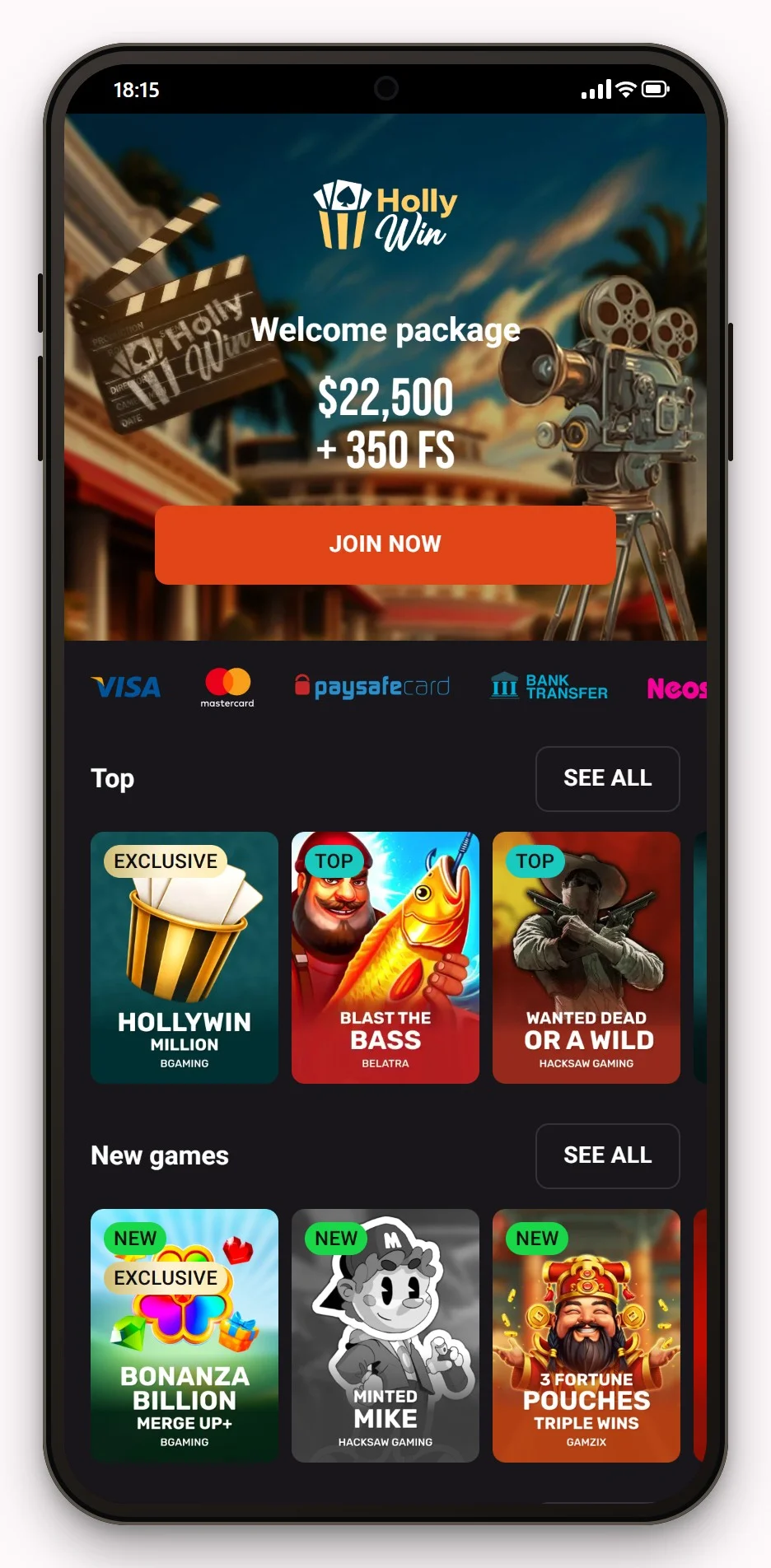 neosurf casino australia: Hollywin on a phone